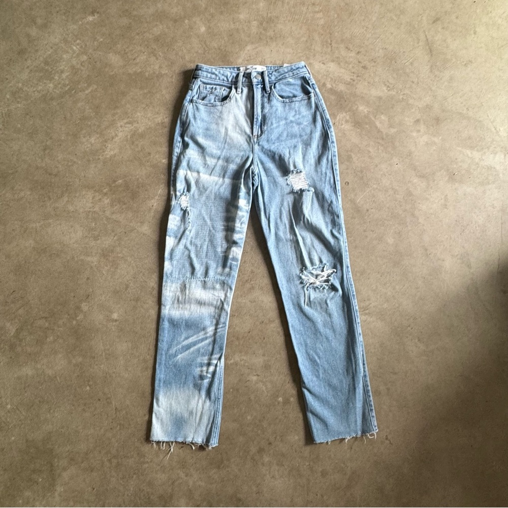Hollister Blue Boyfriend Jeans Distressed, Raw Hem High-Waisted W25 L27